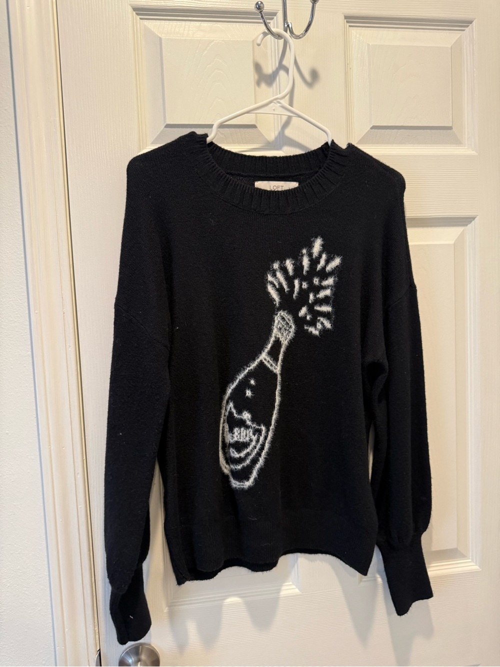 LOFT Black Crewneck Sweater with White Champagne Bottle Motif
